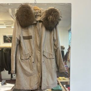 Sisii leather trench with coyote trim hood